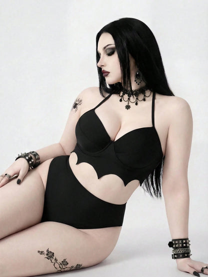 ROMWE 2026 New Gothic Goth Punk Women's Bat Wave Edge Design One-Piece Swimsuit Set Beach Summer
