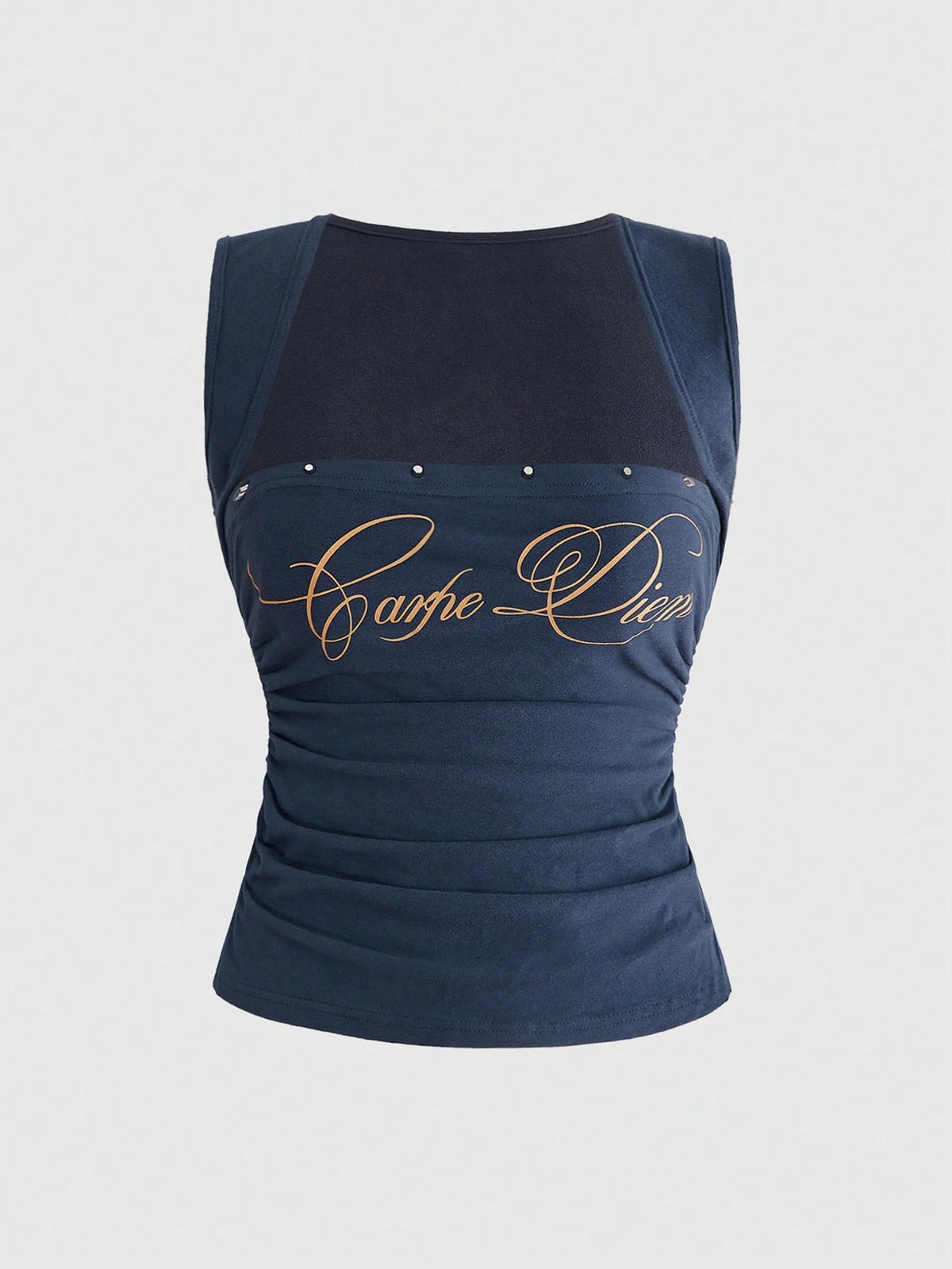 ROMWE Avant Sexy Slogan Print Punk Rivet Low-Cut Bodycon Ruched Camisole
