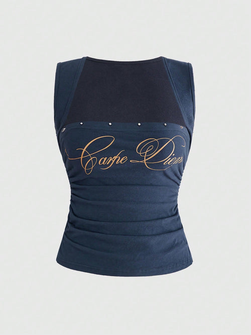 ROMWE Avant Sexy Slogan Print Punk Rivet Low-Cut Bodycon Ruched Camisole