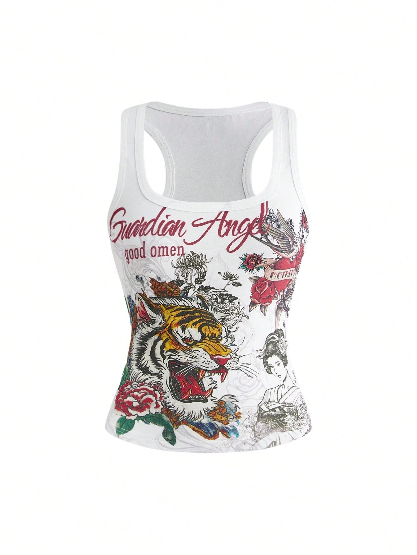 ROMWE Avant Y2K Retro Tiger Vine Faux Tattoo Print Tight Racerback Tank Top