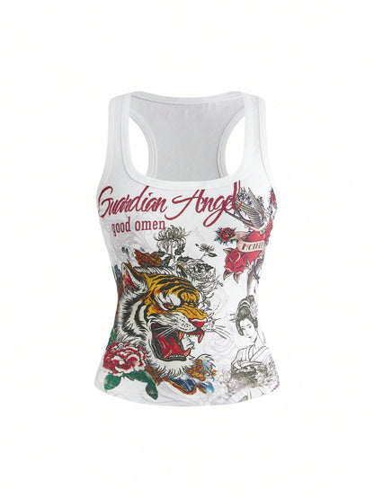 ROMWE Avant Y2K Retro Tiger Vine Faux Tattoo Print Tight Racerback Tank Top