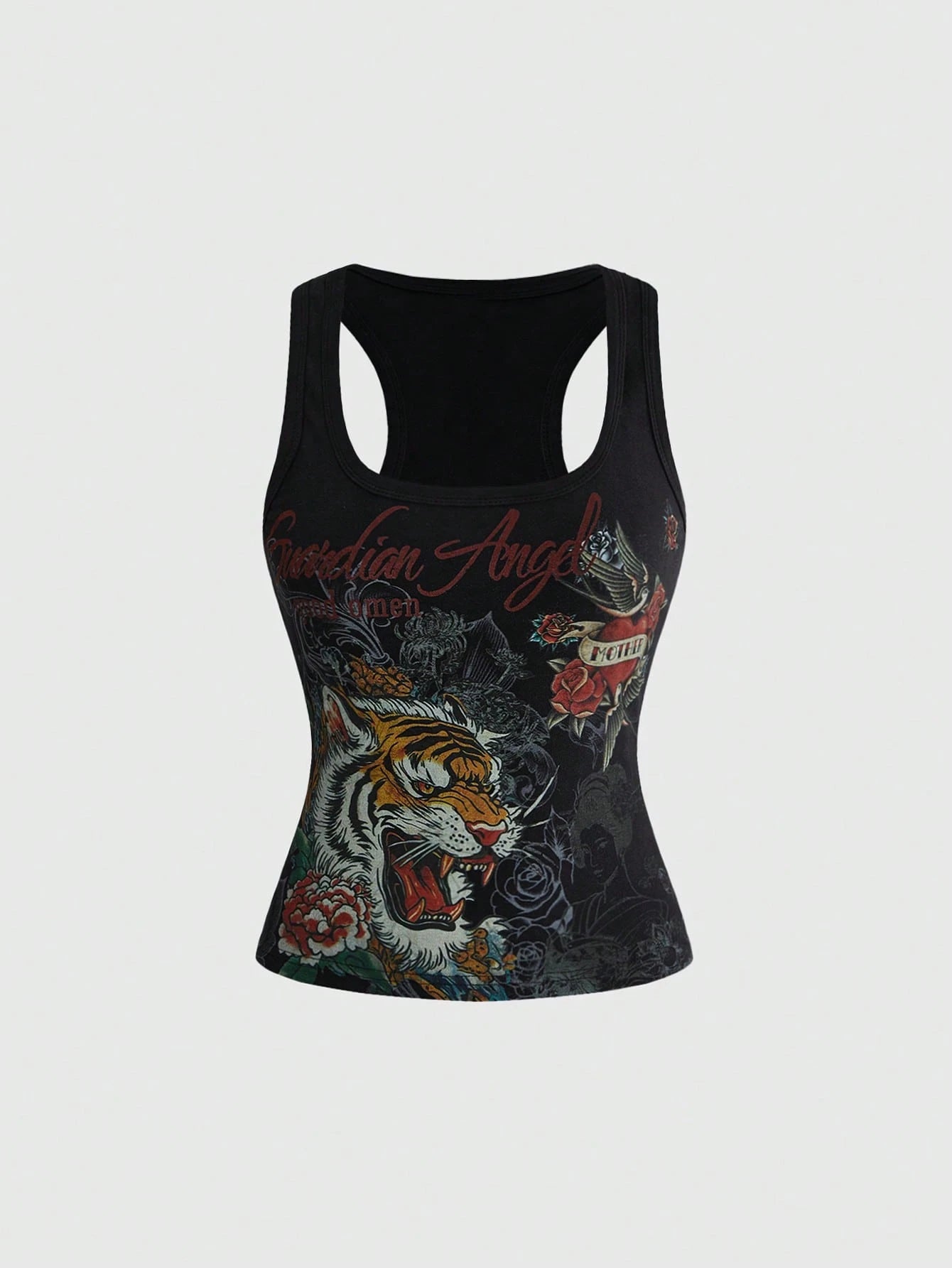 ROMWE Avant Y2K Retro Tiger Vine Faux Tattoo Print Tight Racerback Tank Top