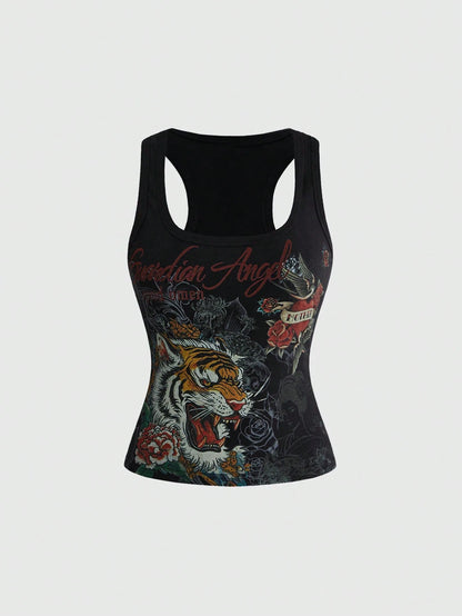 ROMWE Avant Y2K Retro Tiger Vine Faux Tattoo Print Tight Racerback Tank Top