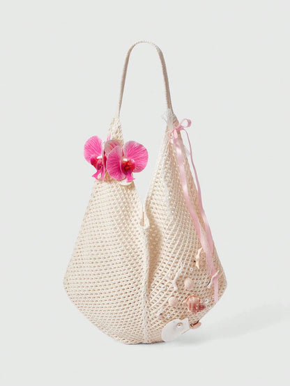 ROMWE Fairycore 1 Set Beige Woven Beach Tote Bag & Accessories, Fashionable Personalized Beach Resort Style Women Tote Bag (Includes 1 Bag And 1 Set Of Accessories)