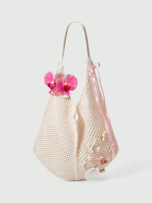 ROMWE Fairycore 1 Set Beige Woven Beach Tote Bag & Accessories, Fashionable Personalized Beach Resort Style Women Tote Bag (Includes 1 Bag And 1 Set Of Accessories)