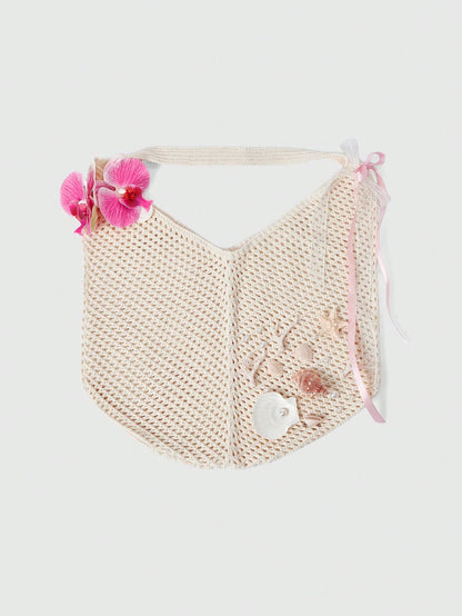 ROMWE Fairycore 1 Set Beige Woven Beach Tote Bag & Accessories, Fashionable Personalized Beach Resort Style Women Tote Bag (Includes 1 Bag And 1 Set Of Accessories)
