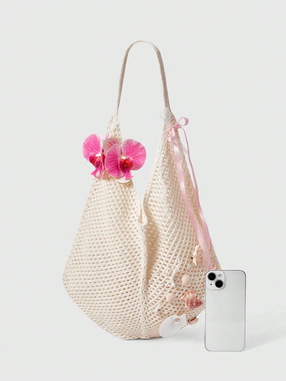 ROMWE Fairycore 1 Set Beige Woven Beach Tote Bag & Accessories, Fashionable Personalized Beach Resort Style Women Tote Bag (Includes 1 Bag And 1 Set Of Accessories)