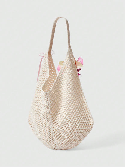 ROMWE Fairycore 1 Set Beige Woven Beach Tote Bag & Accessories, Fashionable Personalized Beach Resort Style Women Tote Bag (Includes 1 Bag And 1 Set Of Accessories)