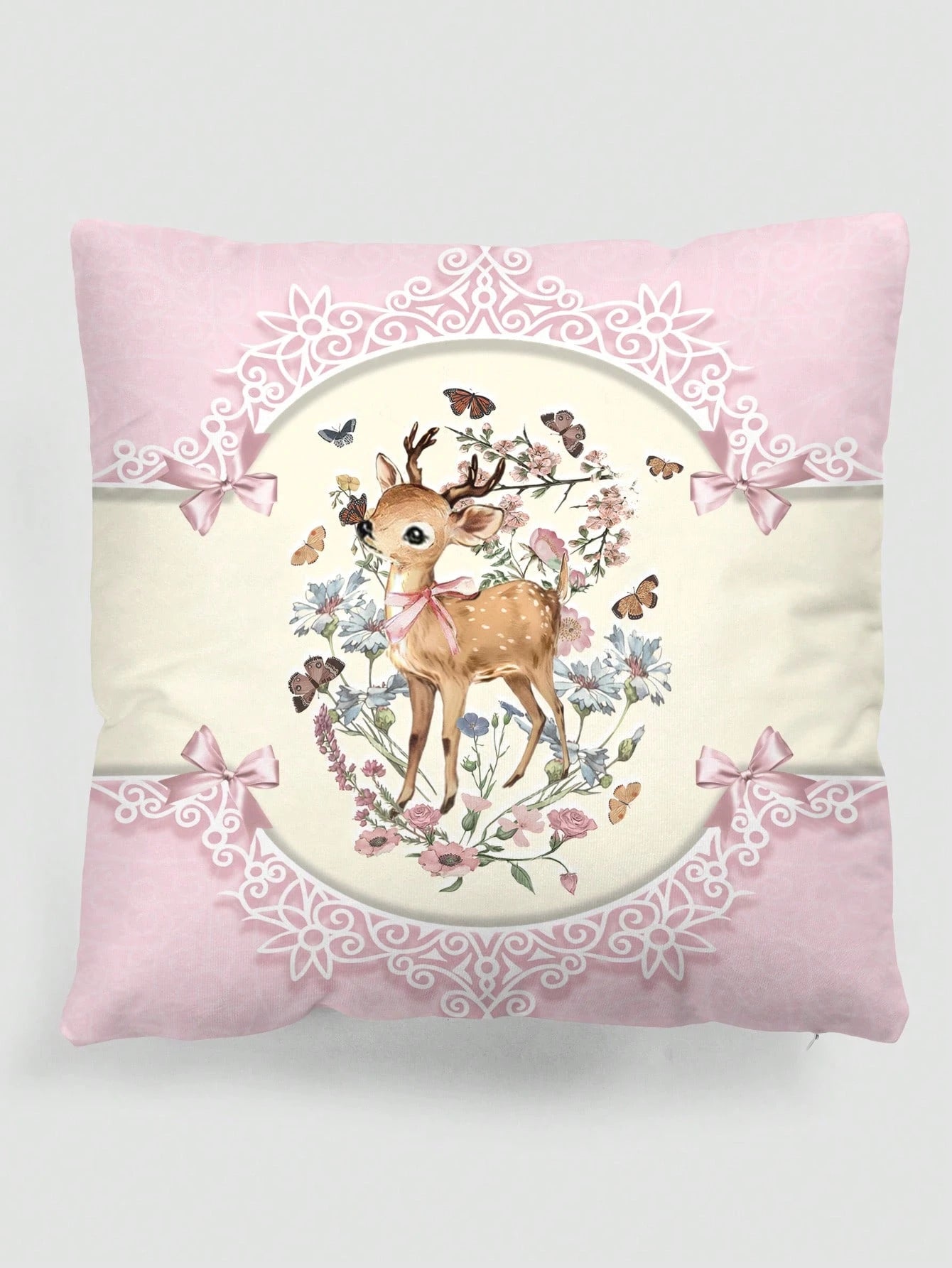 ROMWE Fairycore 1pc Elegant & Sweet Bow Knot & Deer Pattern Pillow Cover, Printed Plush Square Pillow Sham, Suitable For Daily Living Room Bedroom Home Decor, Sofa Cushion Cover Car Pillow Cover, All