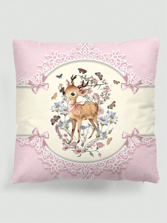 ROMWE Fairycore 1pc Elegant & Sweet Bow Knot & Deer Pattern Pillow Cover, Printed Plush Square Pillow Sham, Suitable For Daily Living Room Bedroom Home Decor, Sofa Cushion Cover Car Pillow Cover, All