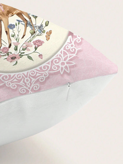 ROMWE Fairycore 1pc Elegant & Sweet Bow Knot & Deer Pattern Pillow Cover, Printed Plush Square Pillow Sham, Suitable For Daily Living Room Bedroom Home Decor, Sofa Cushion Cover Car Pillow Cover, All