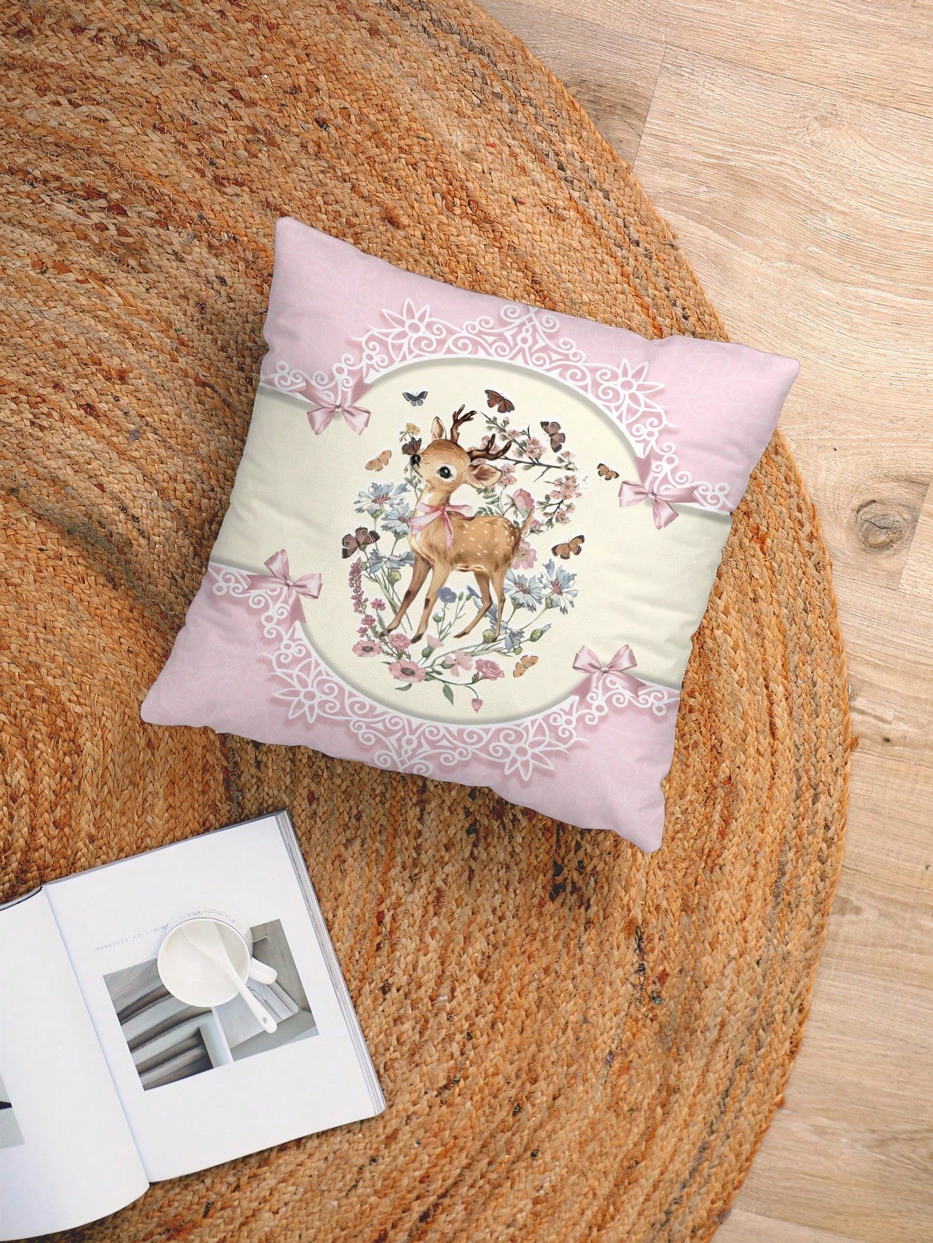ROMWE Fairycore 1pc Elegant & Sweet Bow Knot & Deer Pattern Pillow Cover, Printed Plush Square Pillow Sham, Suitable For Daily Living Room Bedroom Home Decor, Sofa Cushion Cover Car Pillow Cover, All