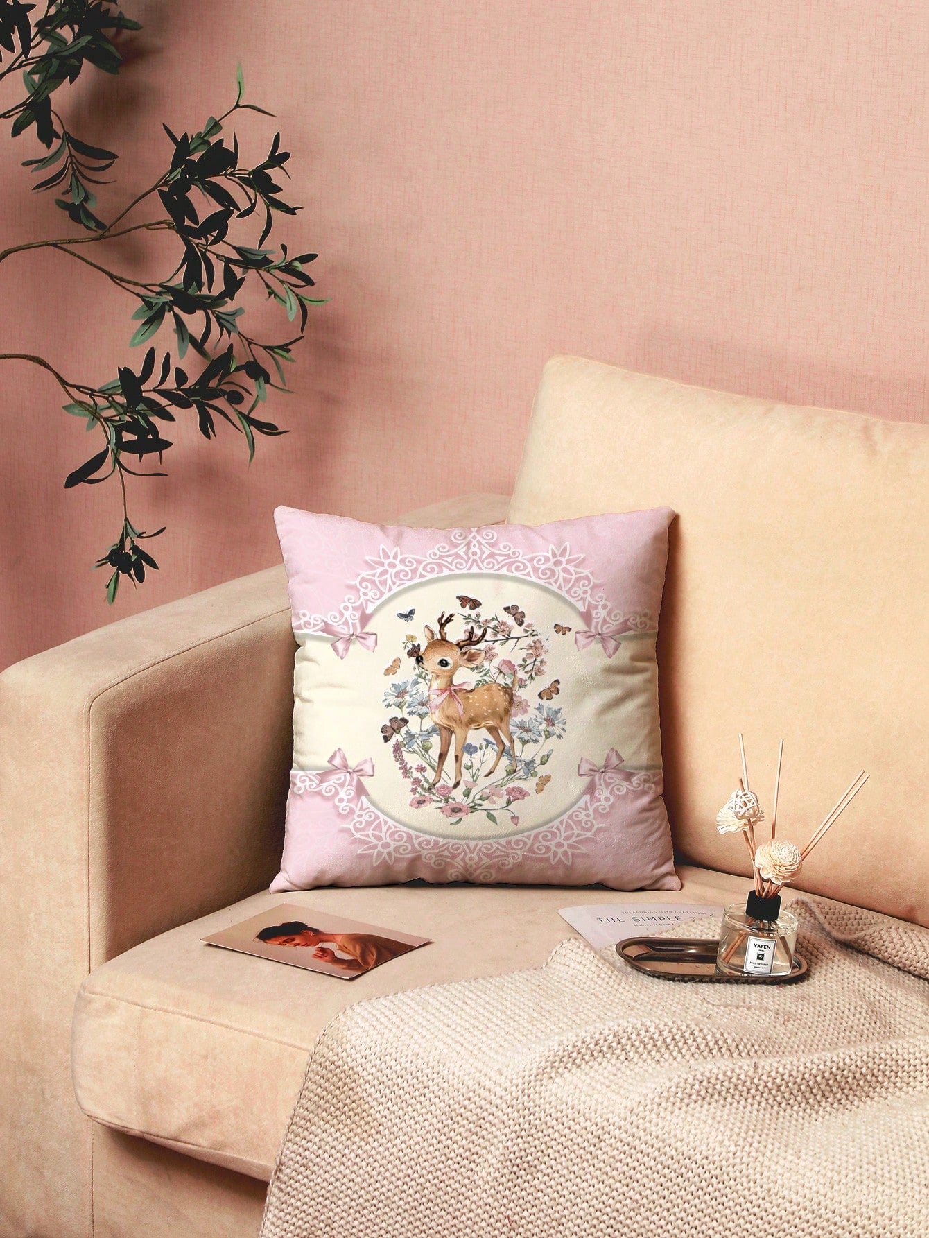 ROMWE Fairycore 1pc Elegant & Sweet Bow Knot & Deer Pattern Pillow Cover, Printed Plush Square Pillow Sham, Suitable For Daily Living Room Bedroom Home Decor, Sofa Cushion Cover Car Pillow Cover, All