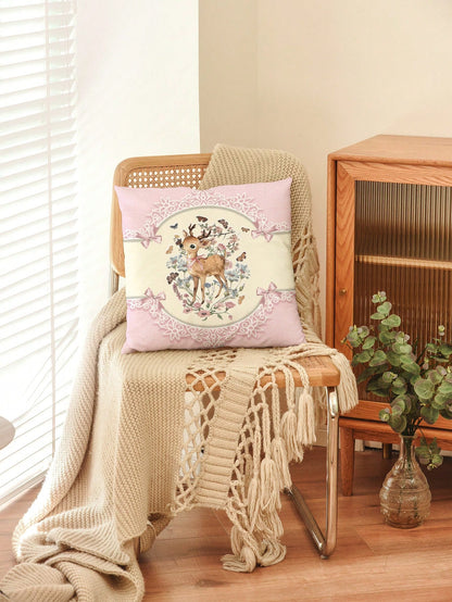 ROMWE Fairycore 1pc Elegant & Sweet Bow Knot & Deer Pattern Pillow Cover, Printed Plush Square Pillow Sham, Suitable For Daily Living Room Bedroom Home Decor, Sofa Cushion Cover Car Pillow Cover, All