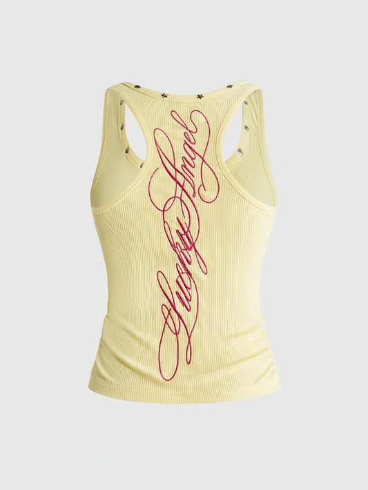 ROMWE Fairycore Women's Vintage Music Festival Sexy All-Match Versatile English Logo Embroidered U-Neck Five-Point Star Studded Tank Top