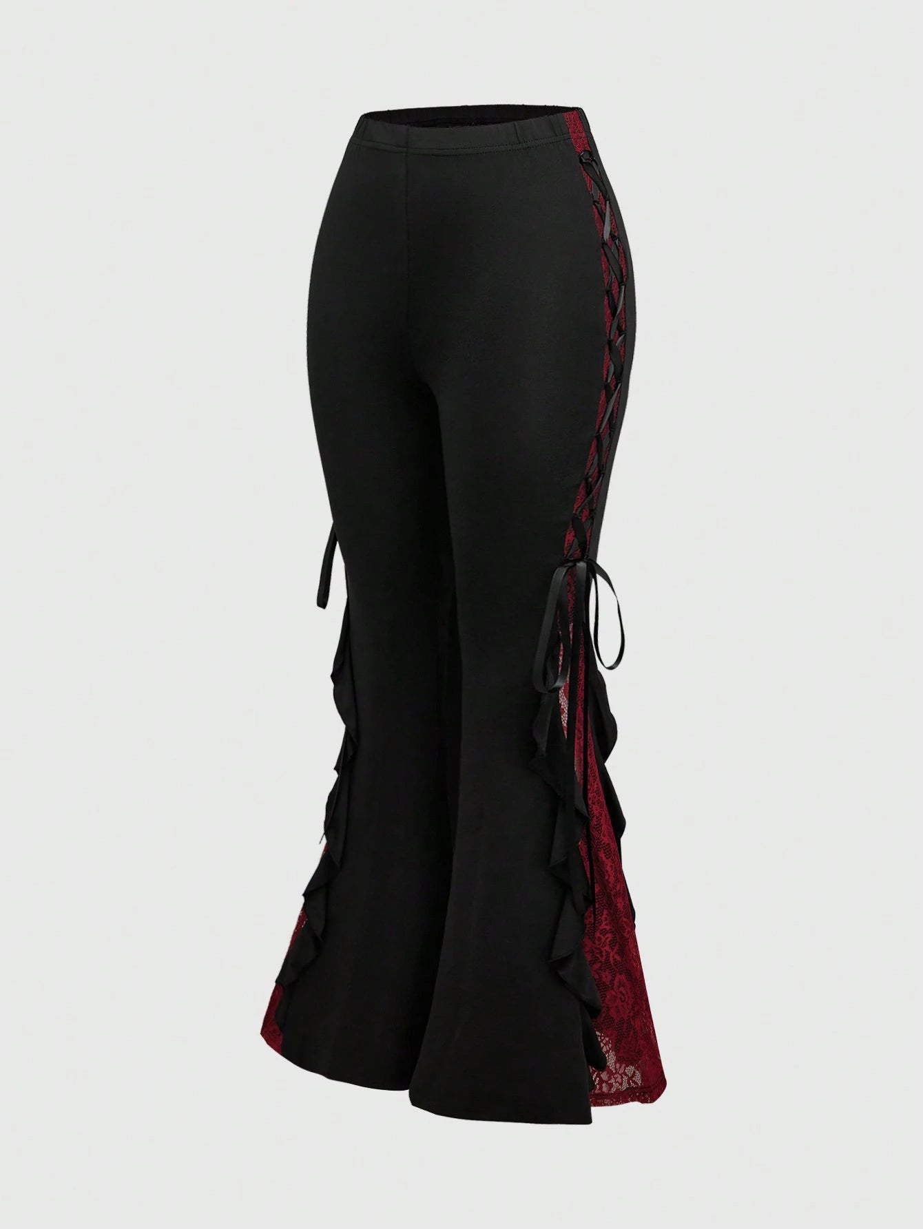 ROMWE Goth Women Retro Gorgeous "Daydreamer" Ruffle Trim Colorblock Lace Tie Flared Pants