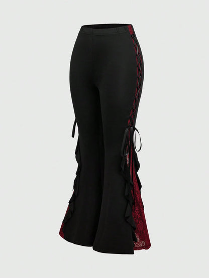 ROMWE Goth Women Retro Gorgeous "Daydreamer" Ruffle Trim Colorblock Lace Tie Flared Pants
