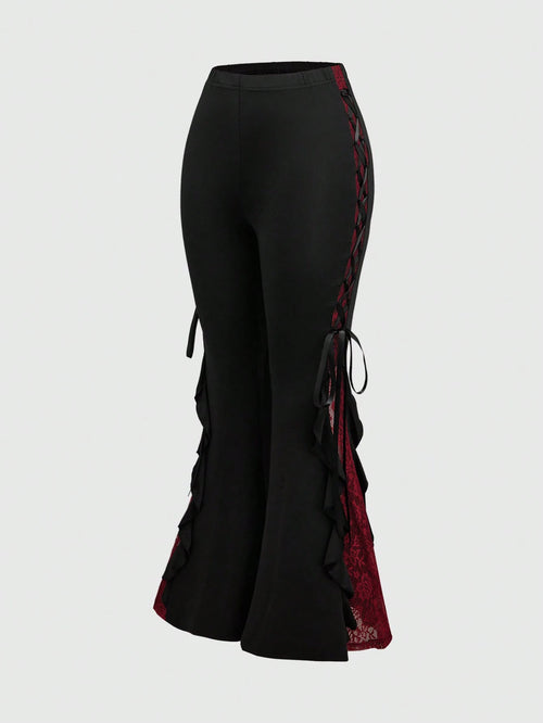 ROMWE Goth Women Retro Gorgeous "Daydreamer" Ruffle Trim Colorblock Lace Tie Flared Pants