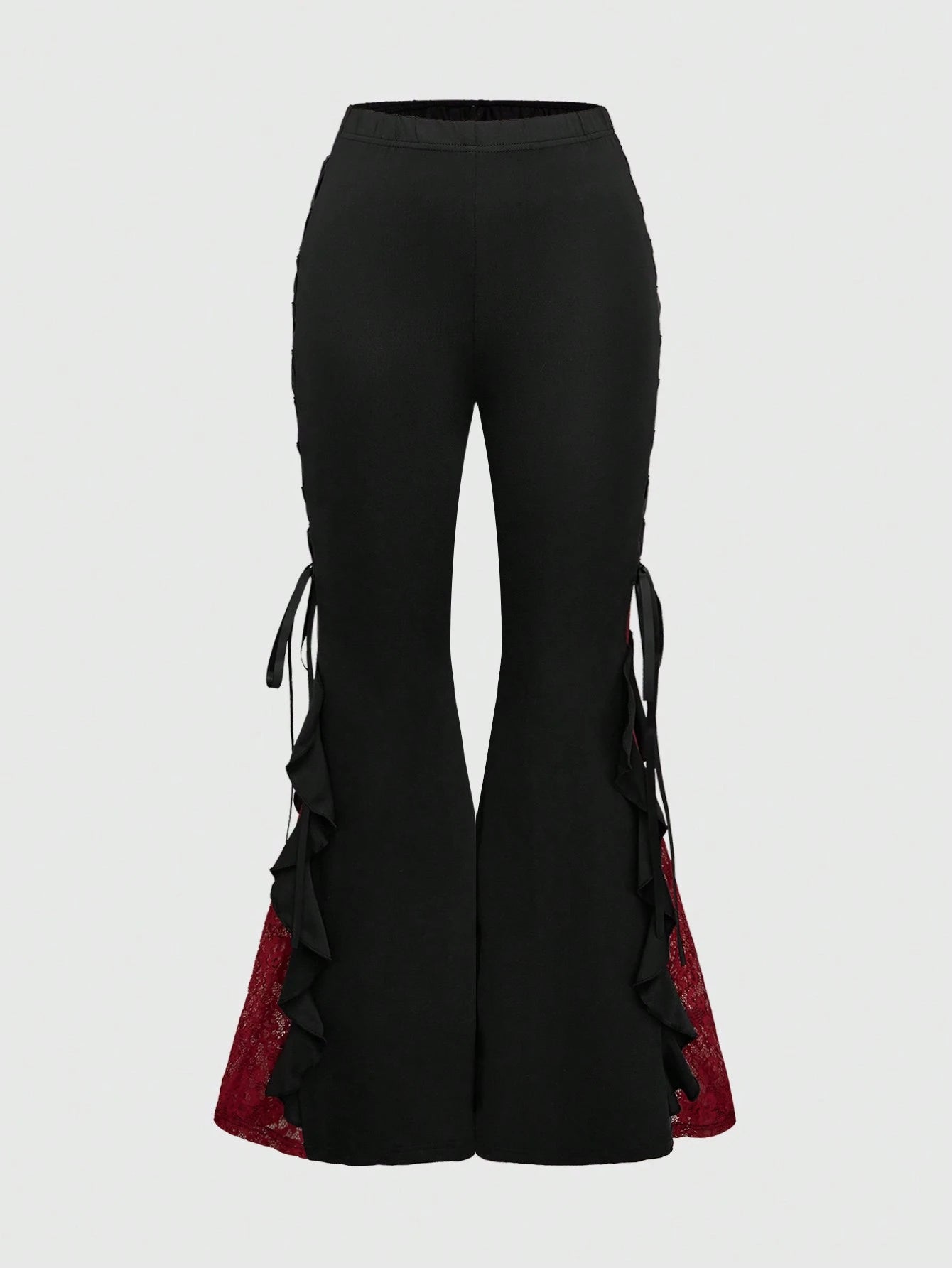 ROMWE Goth Women Retro Gorgeous "Daydreamer" Ruffle Trim Colorblock Lace Tie Flared Pants