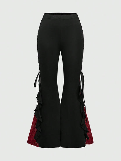 ROMWE Goth Women Retro Gorgeous "Daydreamer" Ruffle Trim Colorblock Lace Tie Flared Pants