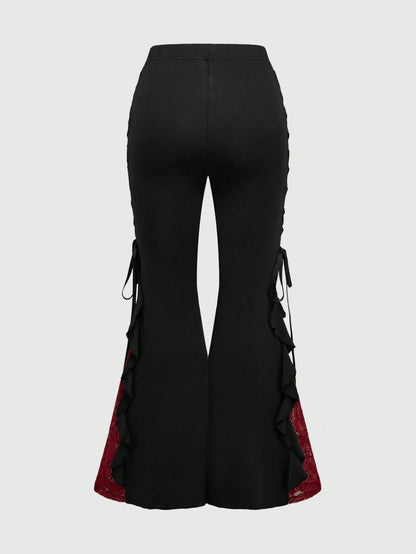 ROMWE Goth Women Retro Gorgeous "Daydreamer" Ruffle Trim Colorblock Lace Tie Flared Pants