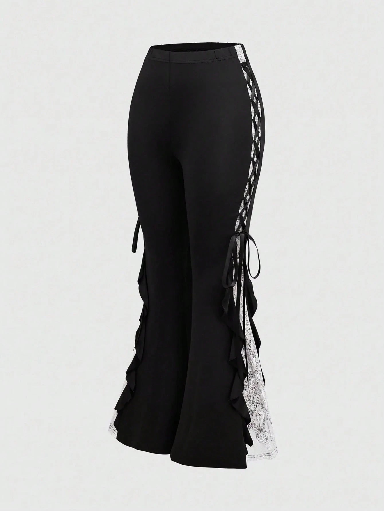 ROMWE Goth Women Retro Gorgeous "Daydreamer" Ruffle Trim Colorblock Lace Tie Flared Pants