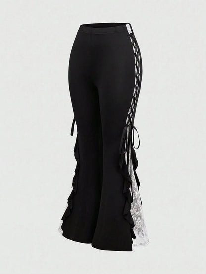 ROMWE Goth Women Retro Gorgeous "Daydreamer" Ruffle Trim Colorblock Lace Tie Flared Pants