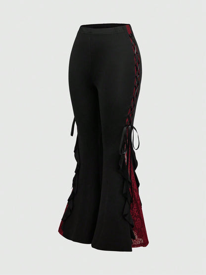 ROMWE Goth Women Retro Gorgeous "Daydreamer" Ruffle Trim Colorblock Lace Tie Flared Pants