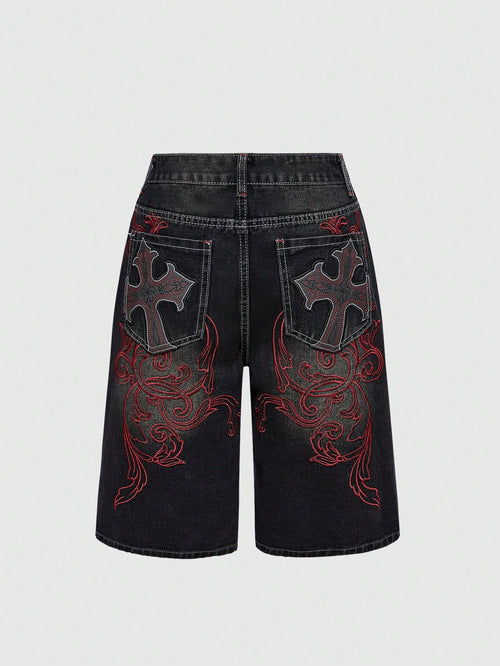ROMWE Grunge Punk Spring/Summer Women's Casual Cross Embroidery Patch Pocket Denim Shorts