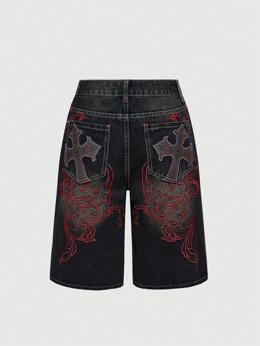 ROMWE Grunge Punk Spring/Summer Women's Casual Cross Embroidery Patch Pocket Denim Shorts