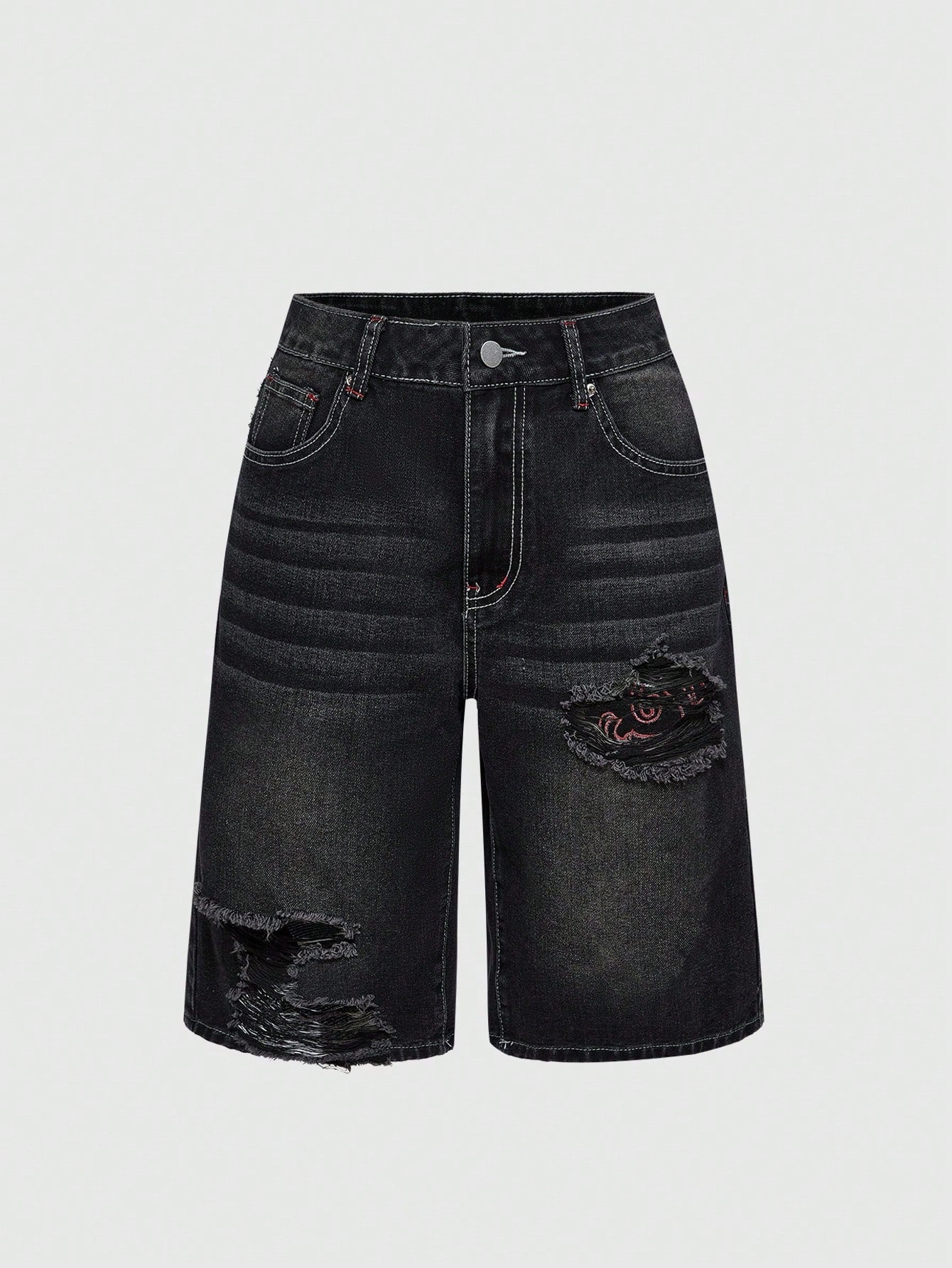 ROMWE Grunge Punk Spring/Summer Women's Casual Cross Embroidery Patch Pocket Denim Shorts