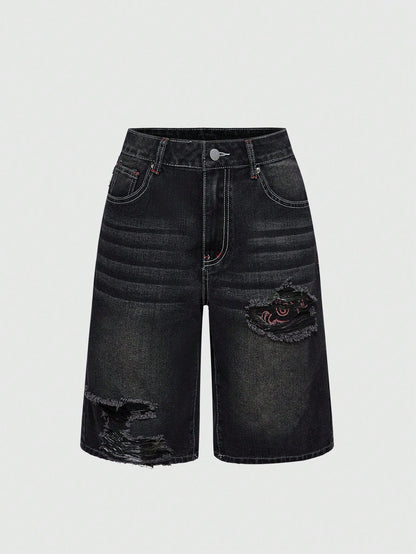 ROMWE Grunge Punk Spring/Summer Women's Casual Cross Embroidery Patch Pocket Denim Shorts