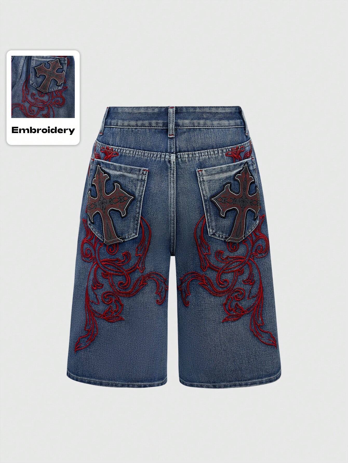 ROMWE Grunge Punk Spring/Summer Women's Casual Cross Embroidery Patch Pocket Denim Shorts