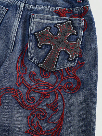 ROMWE Grunge Punk Spring/Summer Women's Casual Cross Embroidery Patch Pocket Denim Shorts