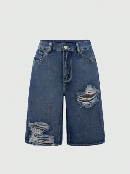ROMWE Grunge Punk Spring/Summer Women's Casual Cross Embroidery Patch Pocket Denim Shorts