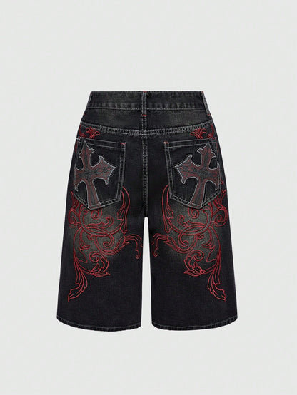 ROMWE Grunge Punk Spring/Summer Women's Casual Cross Embroidery Patch Pocket Denim Shorts
