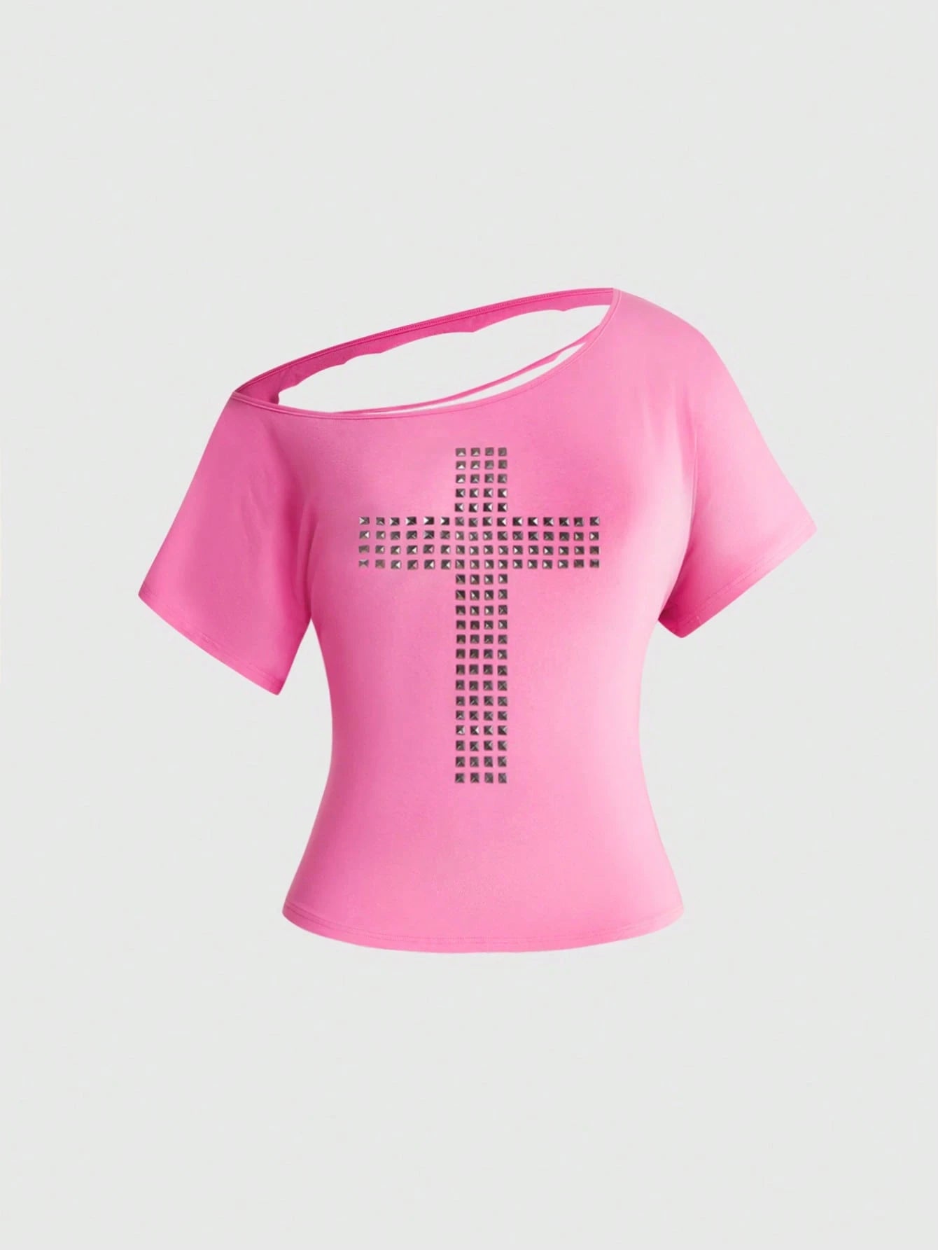 ROMWE Grunge Punk Spring/Summer Y2K Punk Cross Rivet Design Laser Cut Loose Plus Size Women T-Shirt, Solid Color Versatile