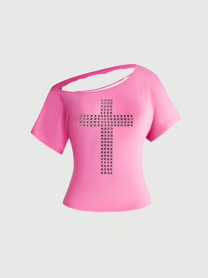 ROMWE Grunge Punk Spring/Summer Y2K Punk Cross Rivet Design Laser Cut Loose Plus Size Women T-Shirt, Solid Color Versatile