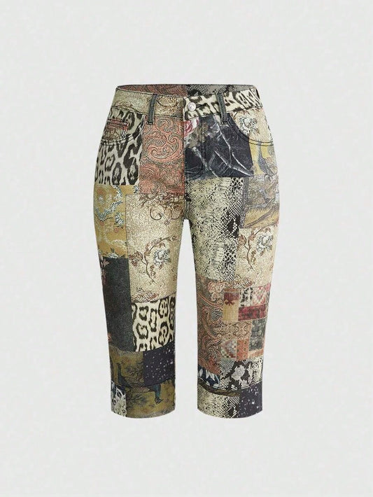 ROMWE Grunge Punk Vintage Leopard & Floral Print Y2K Style Skinny Denim Shorts A4IW