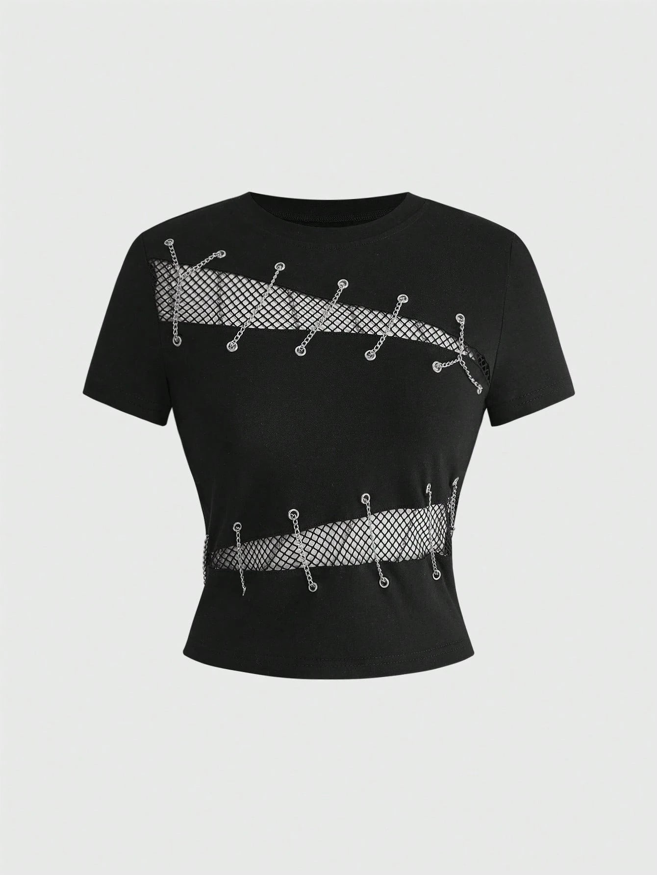 ROMWE Grunge Punk Women's Y2K Streetwear Sexy 2 In 1 Mesh Hollow Chain Decor Fitted Versatile T-Shirt