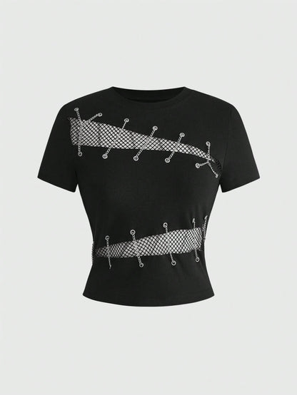 ROMWE Grunge Punk Women's Y2K Streetwear Sexy 2 In 1 Mesh Hollow Chain Decor Fitted Versatile T-Shirt