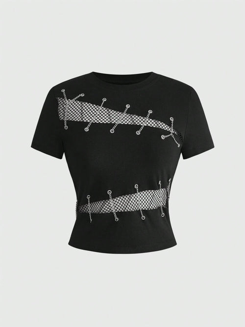 ROMWE Grunge Punk Women's Y2K Streetwear Sexy 2 In 1 Mesh Hollow Chain Decor Fitted Versatile T-Shirt