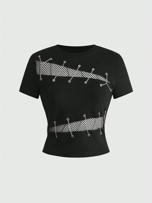 ROMWE Grunge Punk Women's Y2K Streetwear Sexy 2 In 1 Mesh Hollow Chain Decor Fitted Versatile T-Shirt