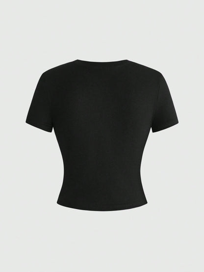 ROMWE Grunge Punk Women's Y2K Streetwear Sexy 2 In 1 Mesh Hollow Chain Decor Fitted Versatile T-Shirt