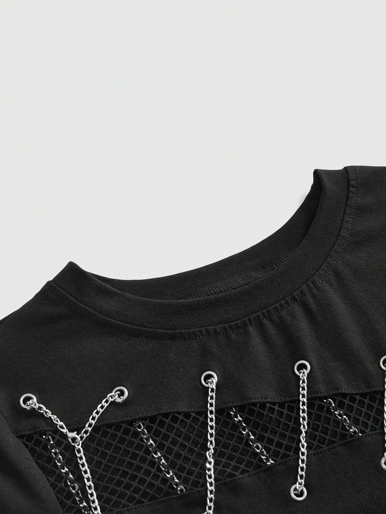 ROMWE Grunge Punk Women's Y2K Streetwear Sexy 2 In 1 Mesh Hollow Chain Decor Fitted Versatile T-Shirt