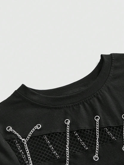 ROMWE Grunge Punk Women's Y2K Streetwear Sexy 2 In 1 Mesh Hollow Chain Decor Fitted Versatile T-Shirt