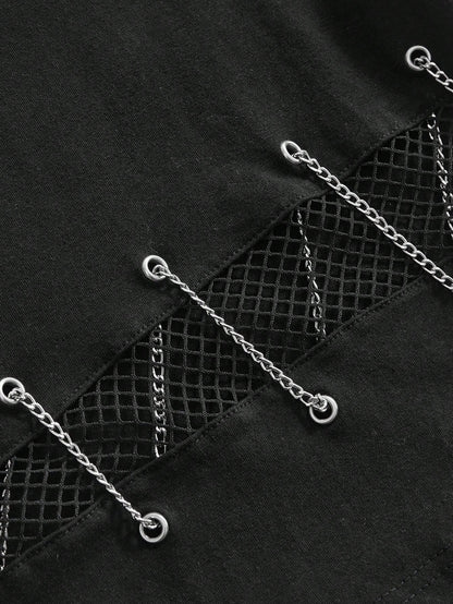 ROMWE Grunge Punk Women's Y2K Streetwear Sexy 2 In 1 Mesh Hollow Chain Decor Fitted Versatile T-Shirt