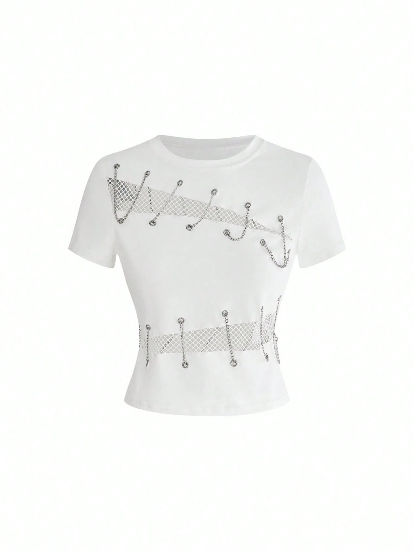 ROMWE Grunge Punk Women's Y2K Streetwear Sexy 2 In 1 Mesh Hollow Chain Decor Fitted Versatile T-Shirt
