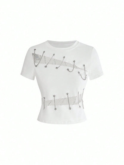 ROMWE Grunge Punk Women's Y2K Streetwear Sexy 2 In 1 Mesh Hollow Chain Decor Fitted Versatile T-Shirt