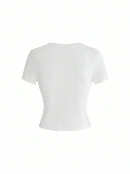 ROMWE Grunge Punk Women's Y2K Streetwear Sexy 2 In 1 Mesh Hollow Chain Decor Fitted Versatile T-Shirt